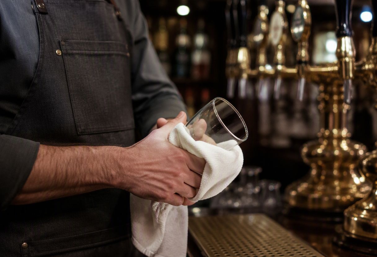 A bartender polishing a glass behind the bar