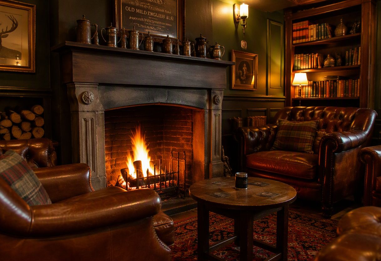 A traditional pub fireplace snug with leather armchairs