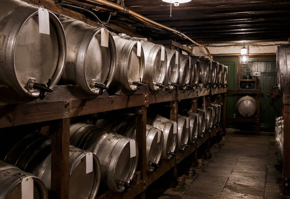 Cask ale barrels resting in a traditional pub cellar