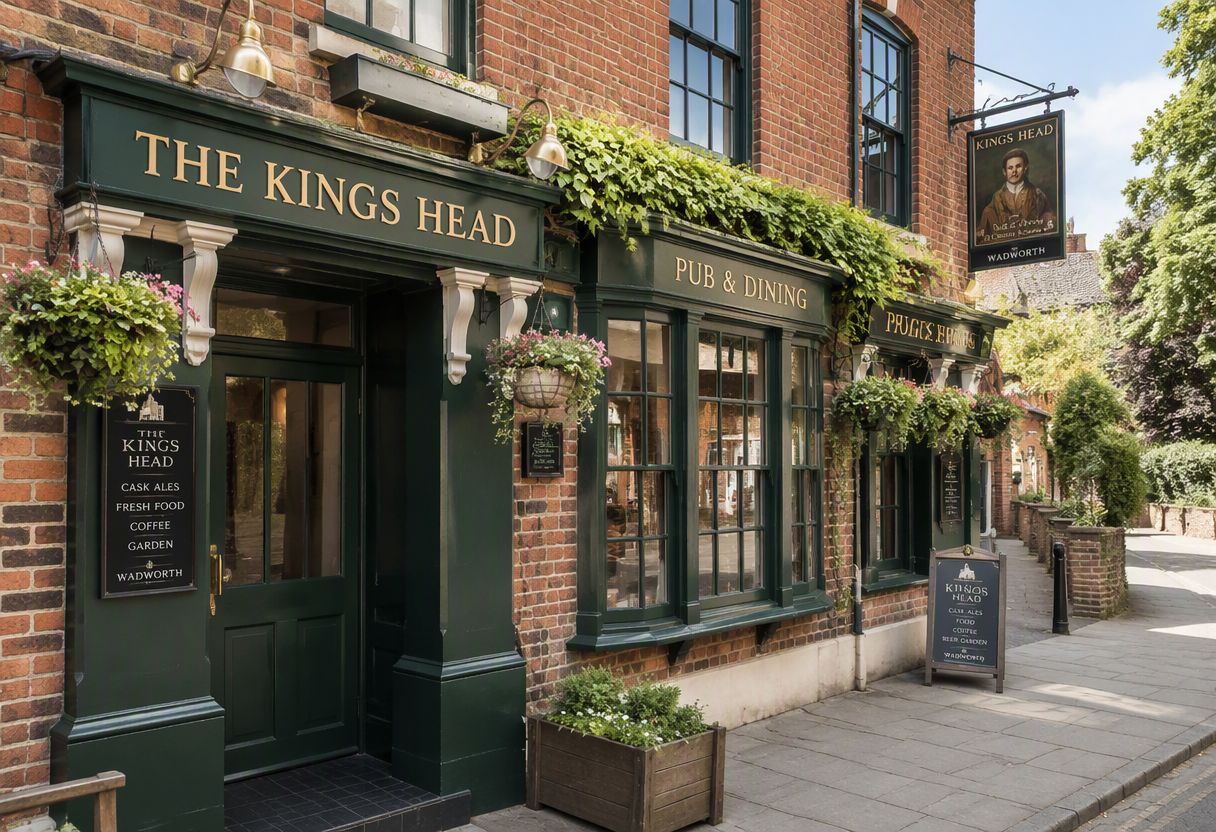 A handsome brick pub frontage on a village street