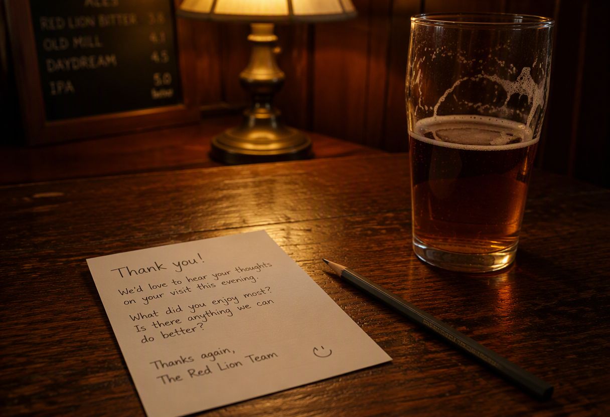 A feedback card beside a pint on a pub table