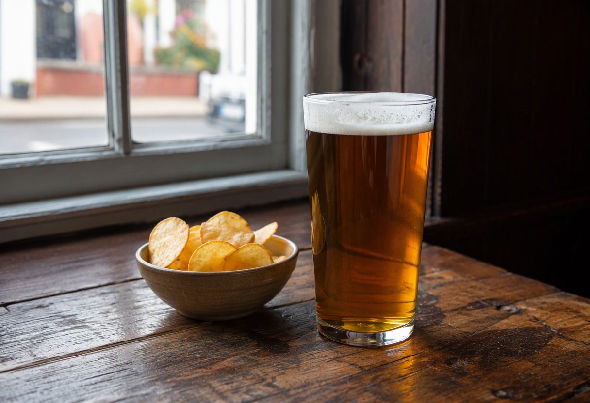A pint and crisps on a pub table by the window